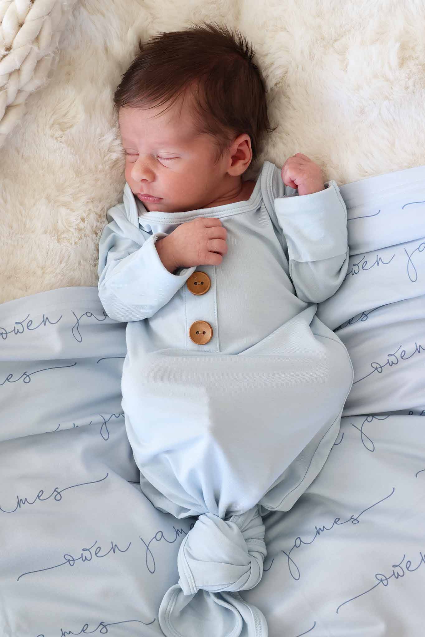 Baby Blue Newborn Baby Knot Gown & Hat Set - Image 5
