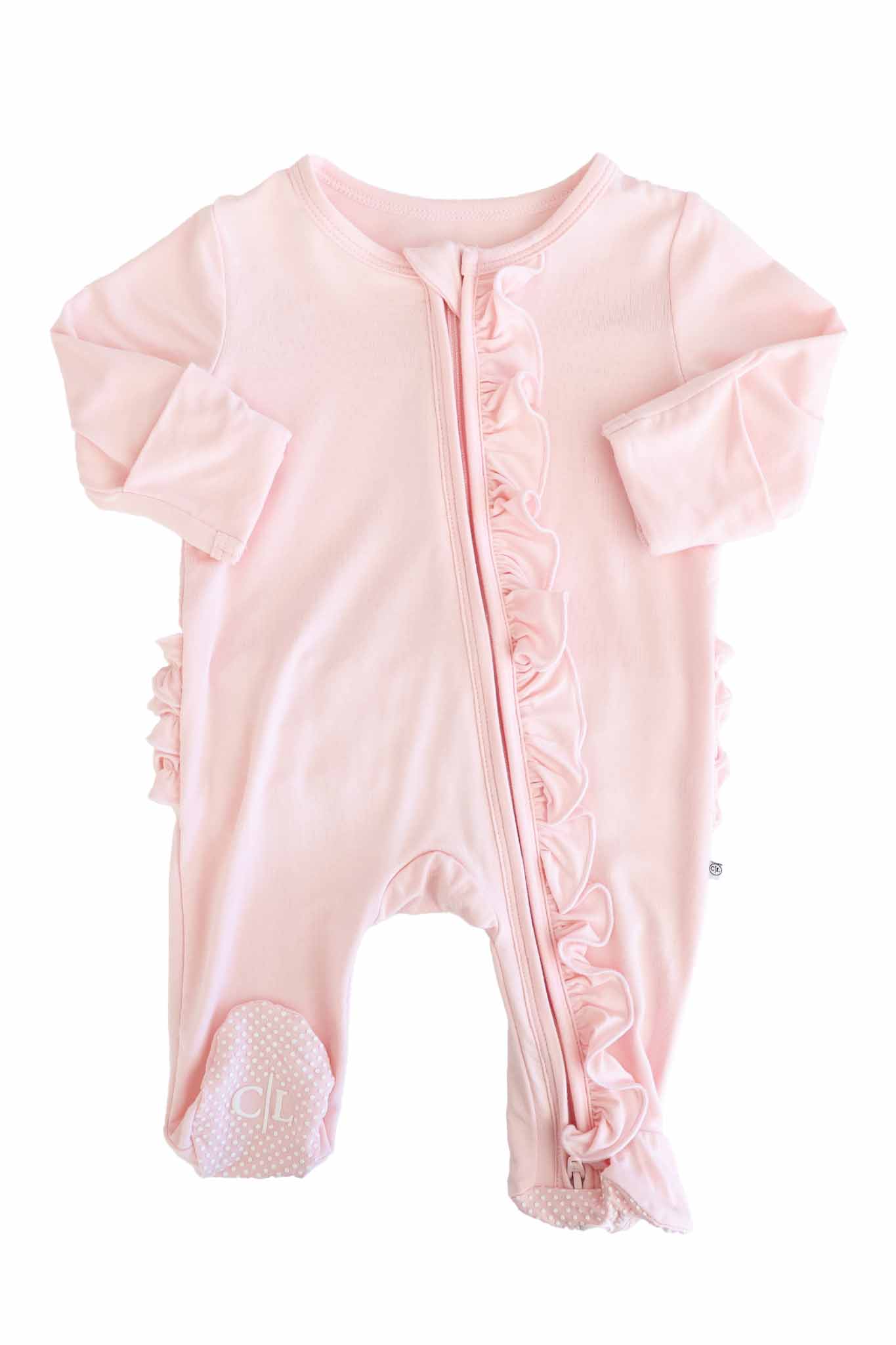 Baby Pink Bamboo Ruffle Zipper Footie - Image 12