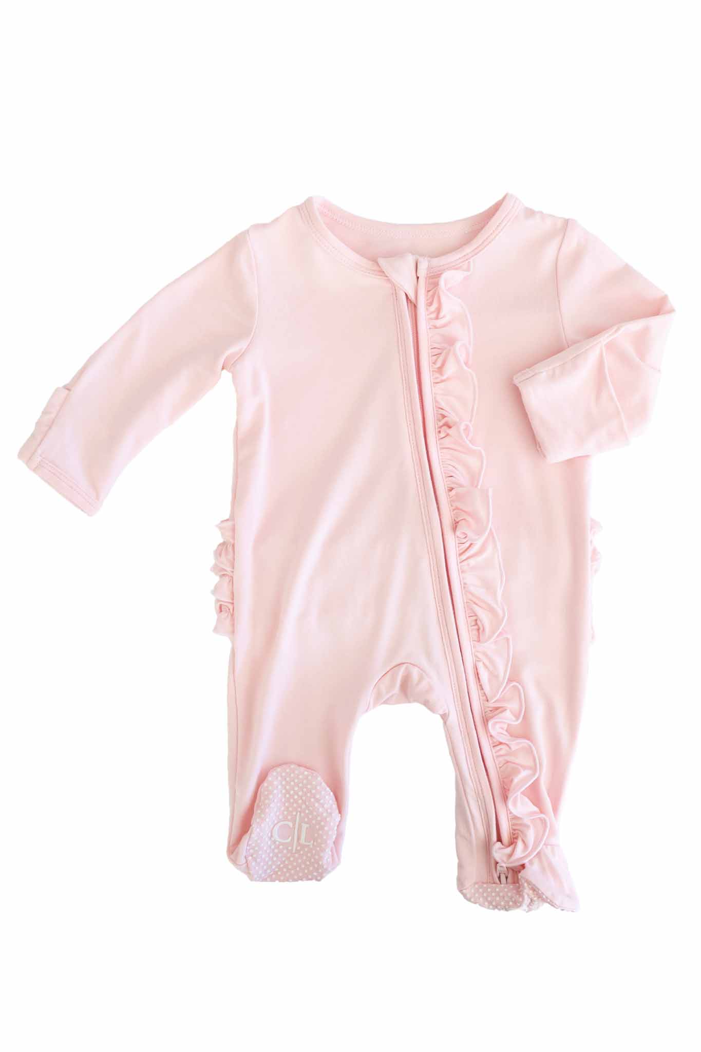 Baby Pink Bamboo Ruffle Zipper Footie - Image 2