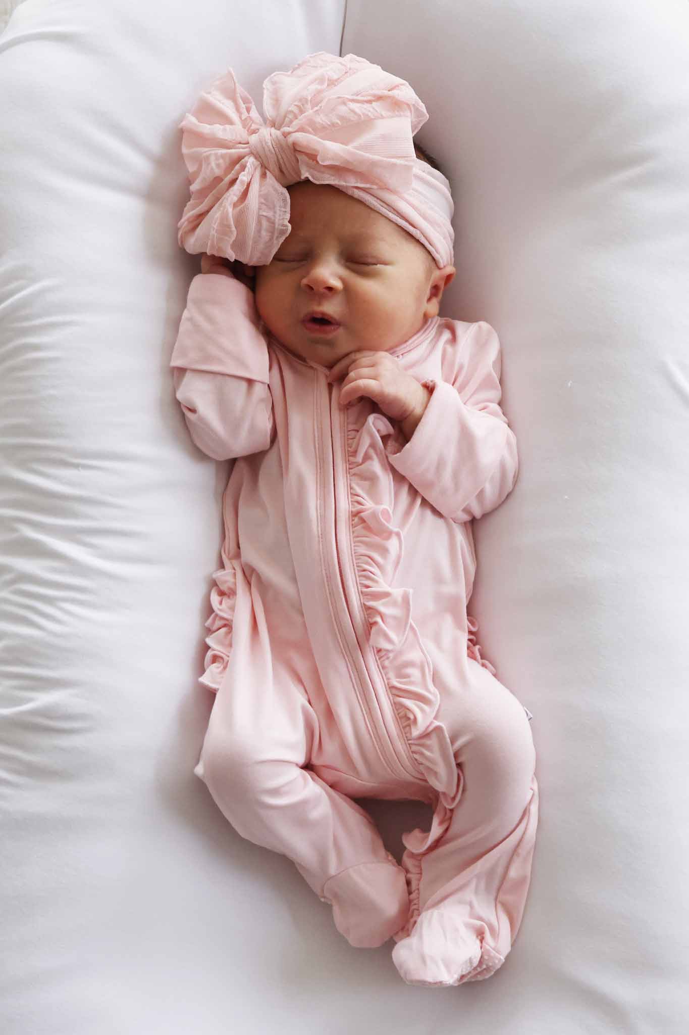 Baby Pink Bamboo Ruffle Zipper Footie - Image 3