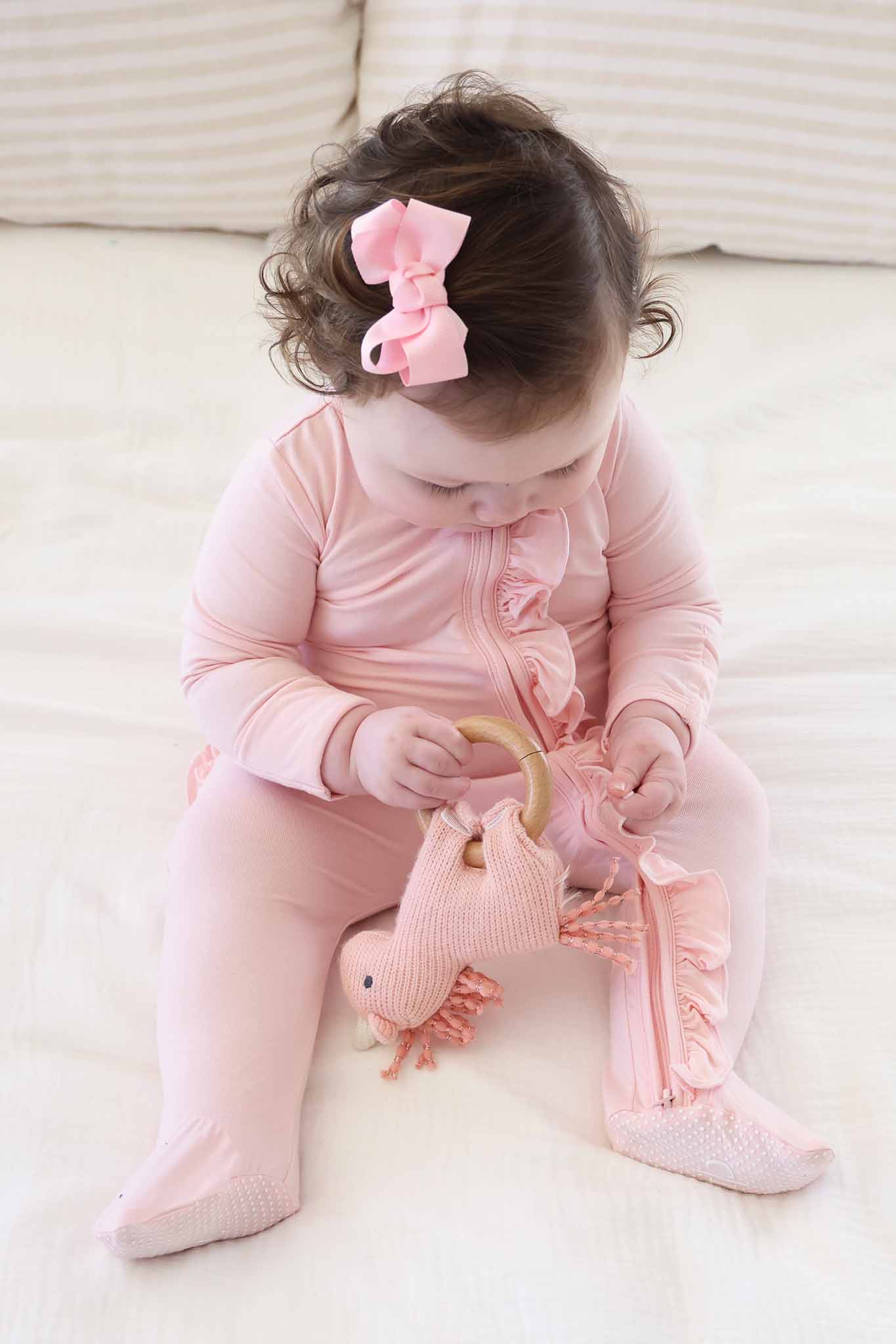 Baby Pink Bamboo Ruffle Zipper Footie - Image 4