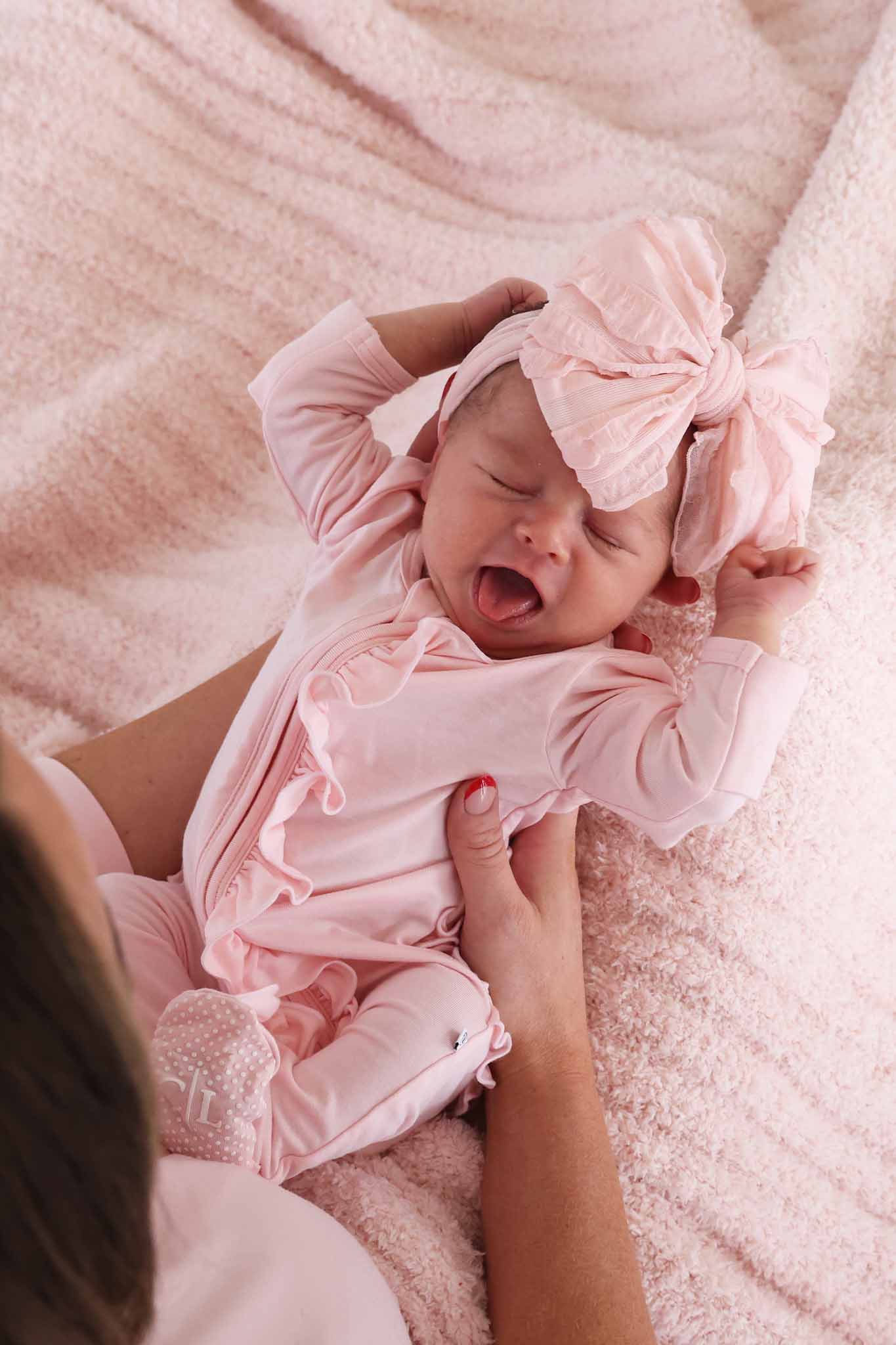 Baby Pink Bamboo Ruffle Zipper Footie - Image 9