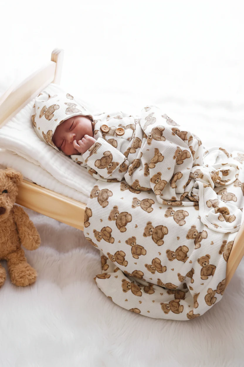 Beary Sweet Bamboo Waffle Newborn Baby Knot Gown & Hat Set - Image 3
