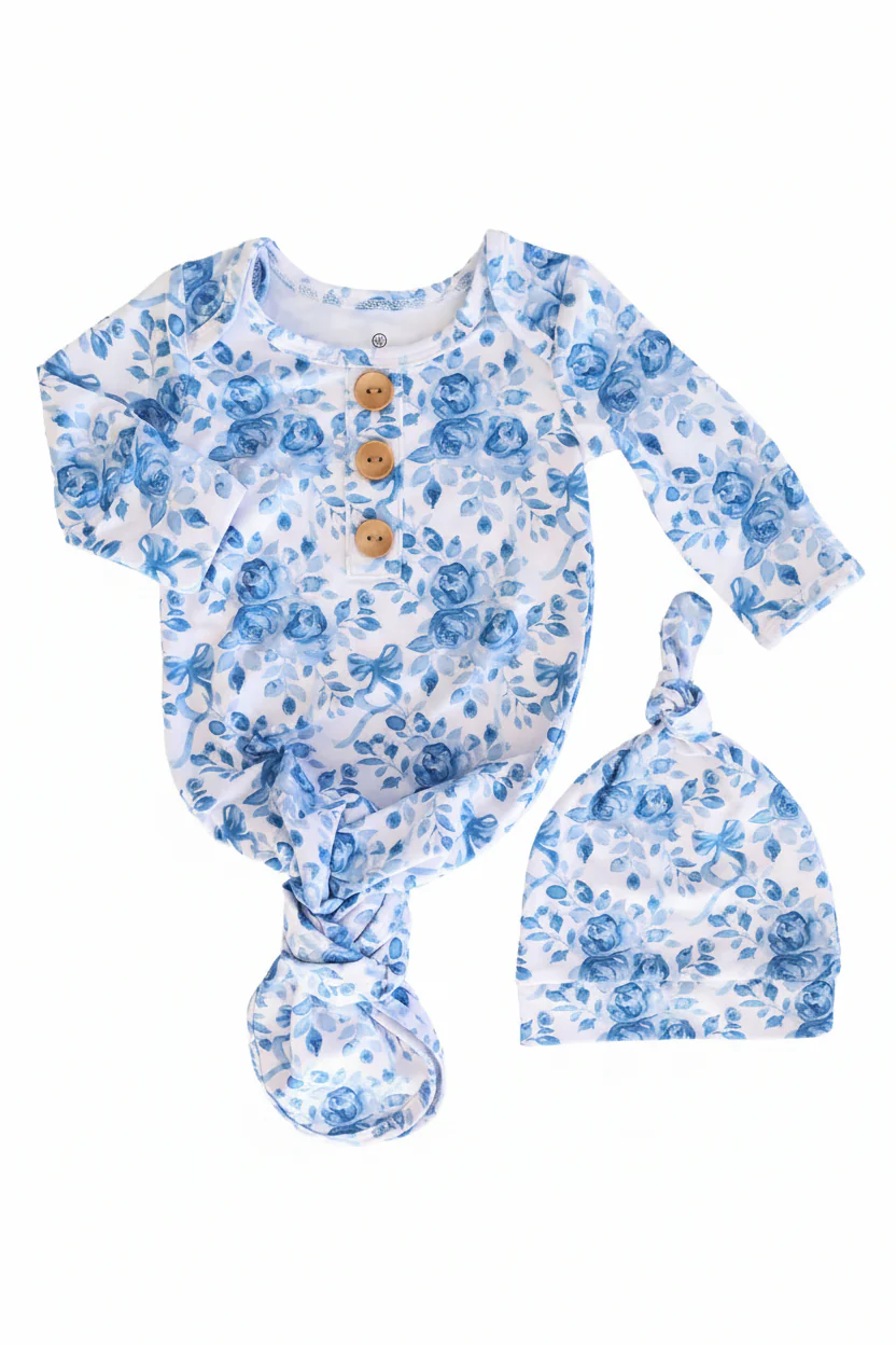 Betsy's Blooms Newborn Baby Knot Gown & Hat Set - Image 3