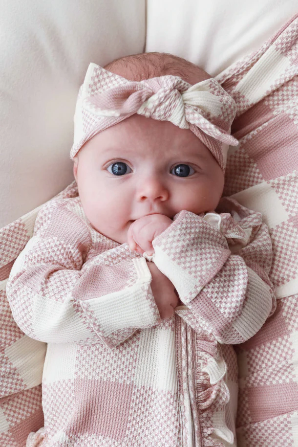 Big Check Bamboo Waffle Knit Large Bow Headwrap | Rosy - Image 2