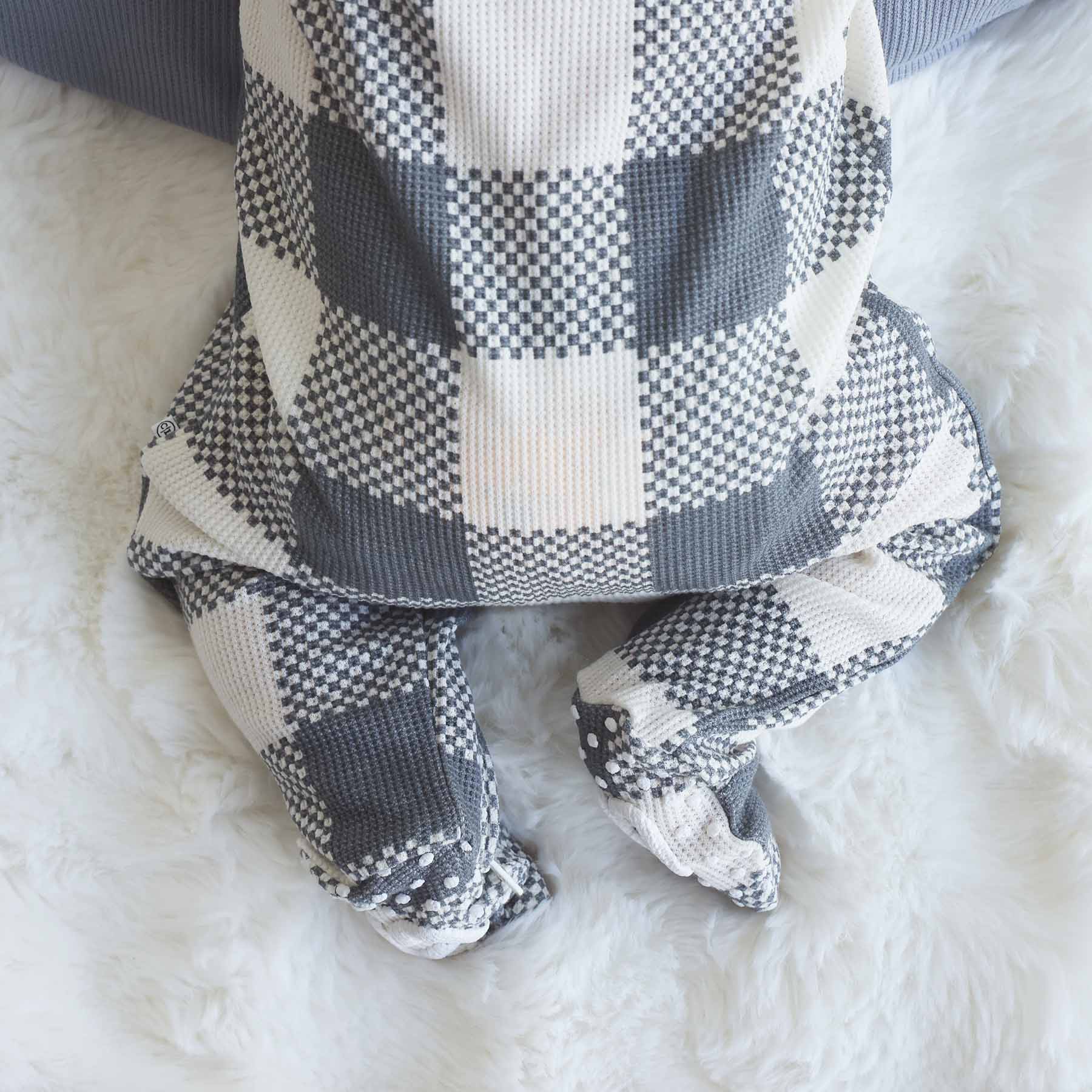 Big Check Bamboo Waffle Zipper Footie | Denim - Image 3