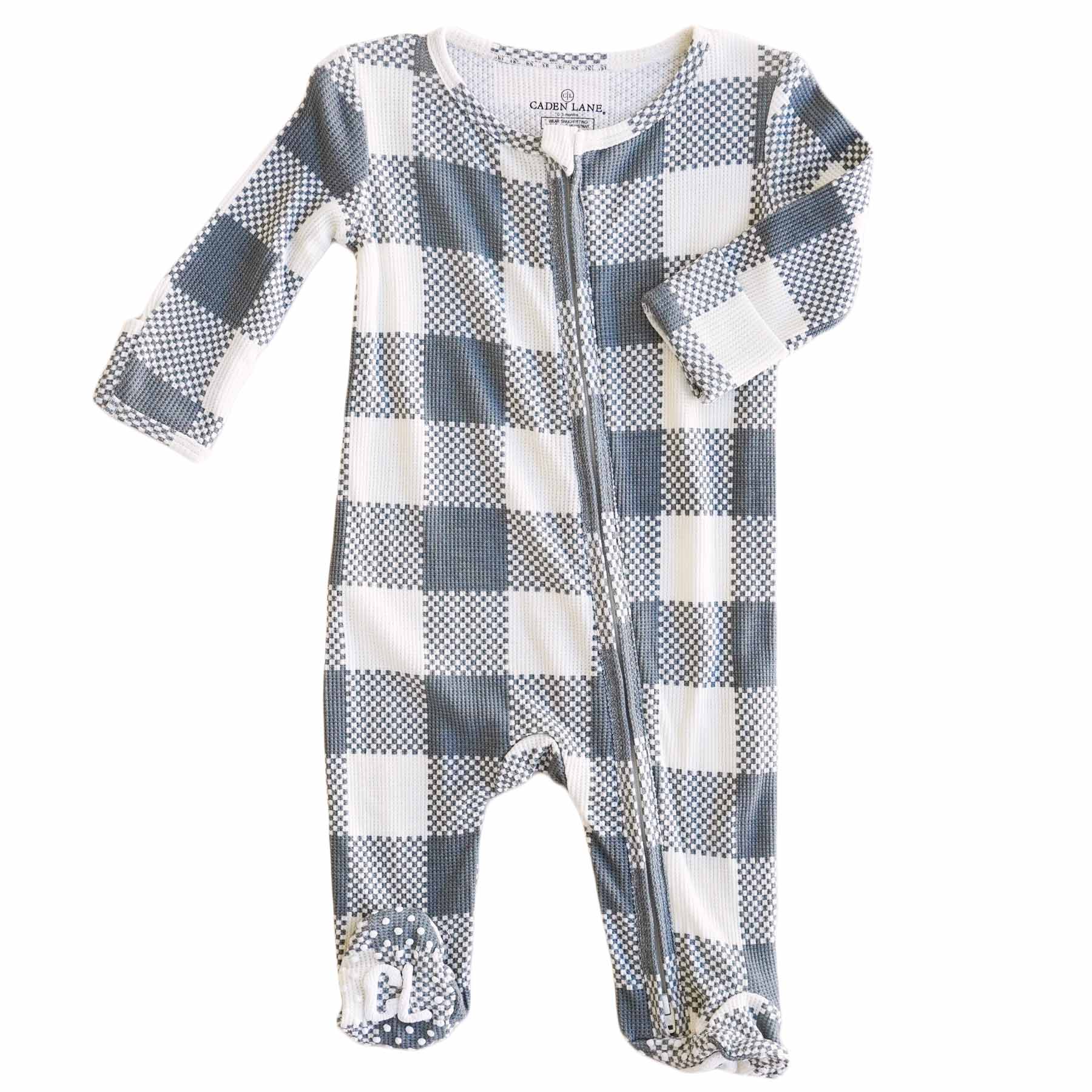 Big Check Bamboo Waffle Zipper Footie | Denim - Image 6