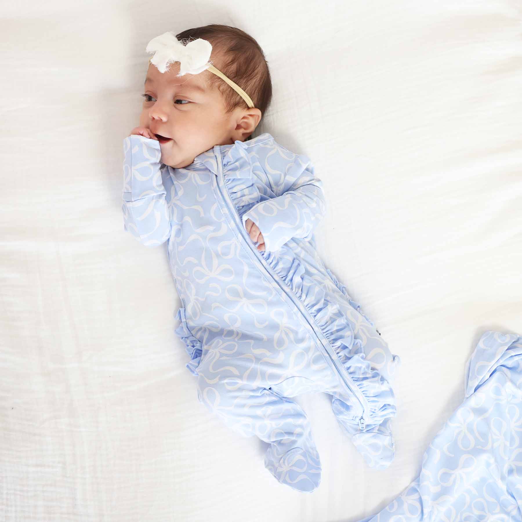 Blue-tiful Bows Ruffle Zipper Footie - Image 3
