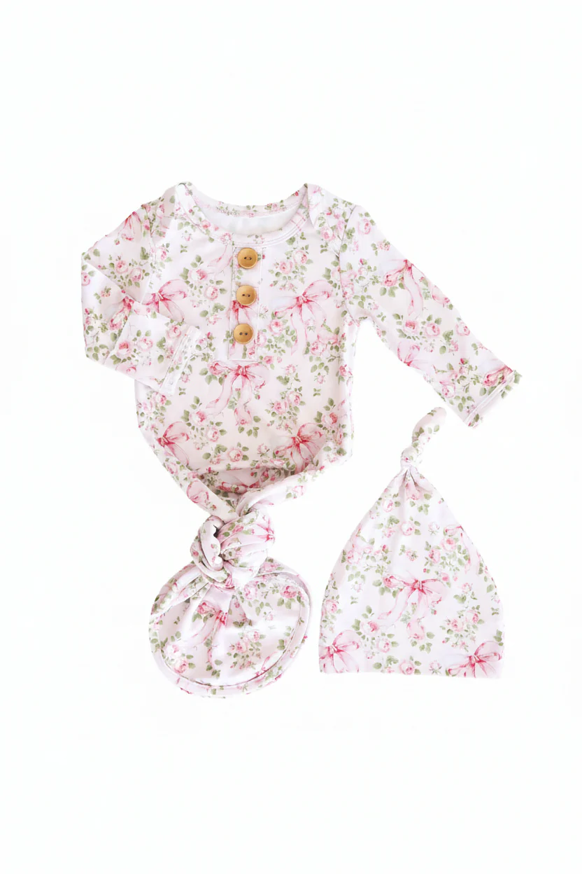Bows in Bloom Newborn Baby Knot Gown & Hat Set | Pink - Image 2