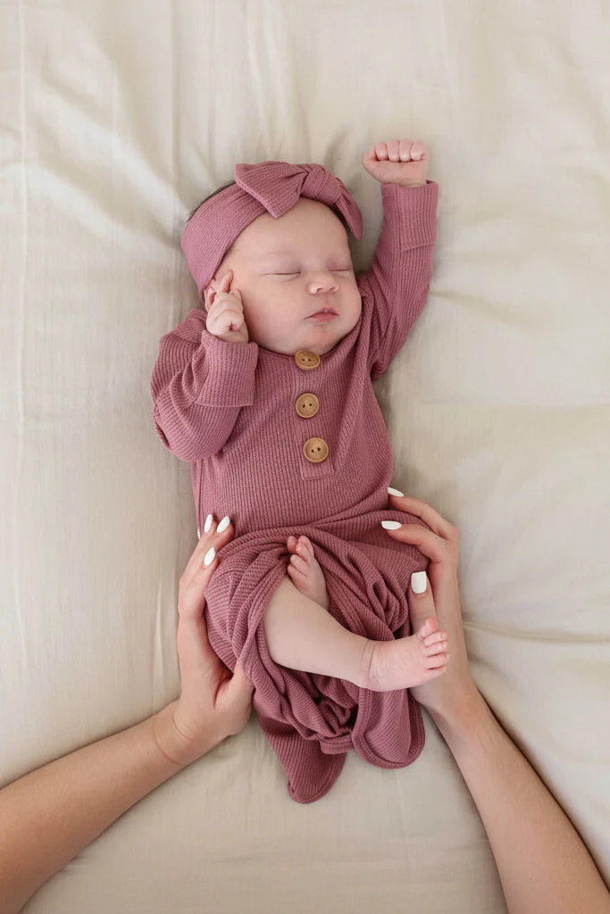 Boysenberry Bamboo Waffle Newborn Baby Knot Gown & Hat Set - Image 3