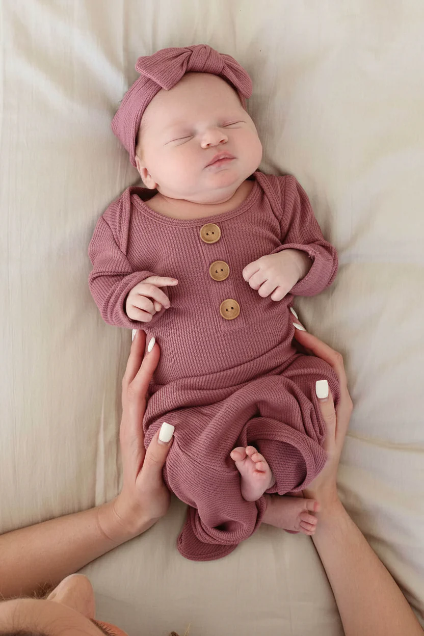 Boysenberry Bamboo Waffle Newborn Baby Knot Gown & Hat Set - Image 4
