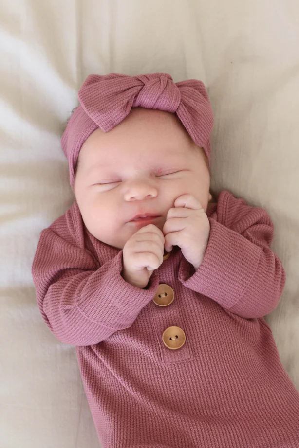 Boysenberry Bamboo Waffle Newborn Baby Knot Gown & Hat Set - Image 5
