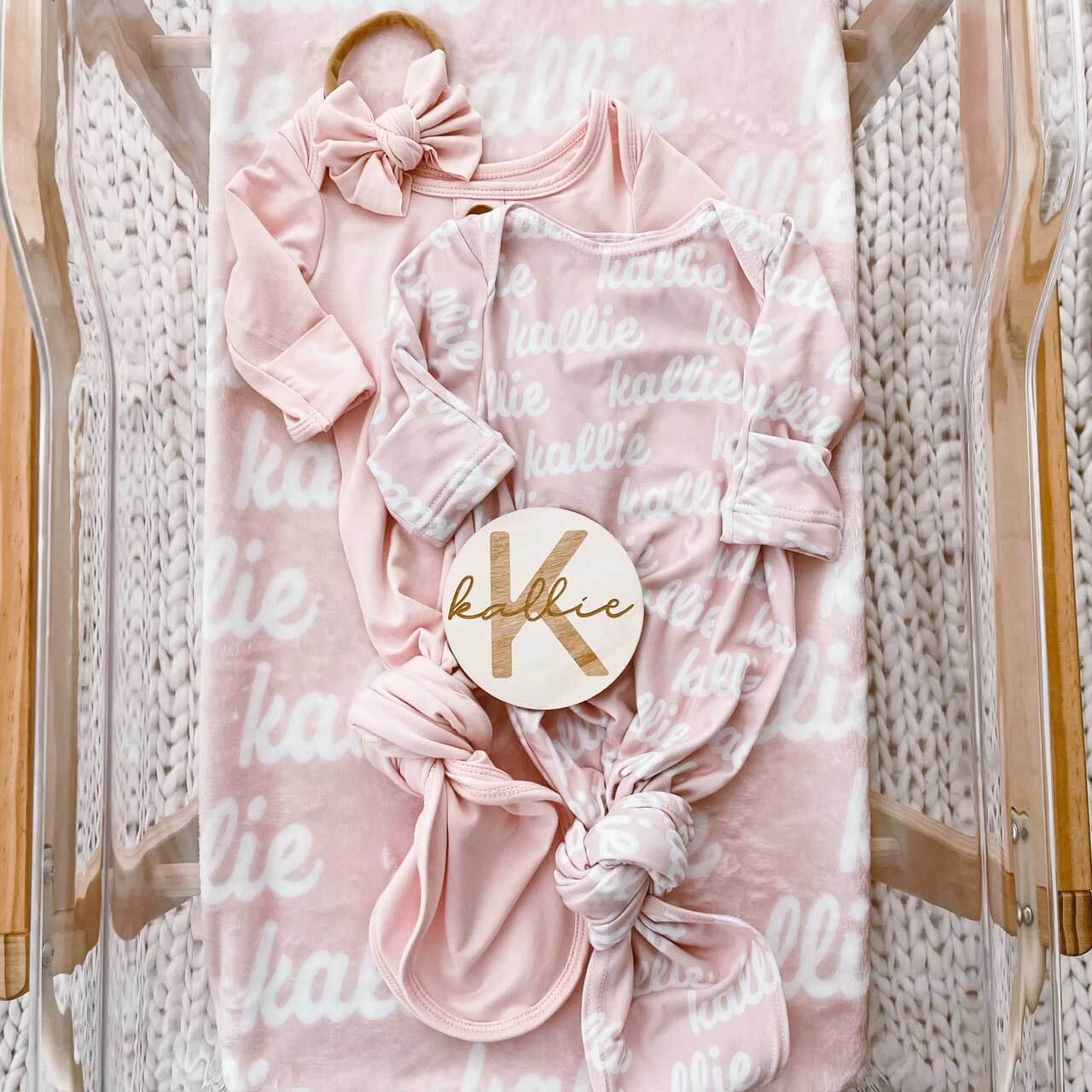 Solid Baby Pink Personalized Newborn Baby Knot Gown - Image 2