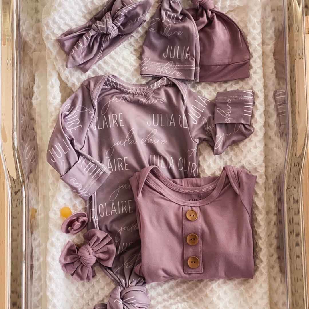 Solid Dusty Purple Personalized Newborn Baby Knot Gown - Image 2