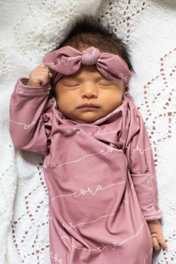 Solid Light Dusty Rose Personalized Newborn Baby Knot Gown - Image 4