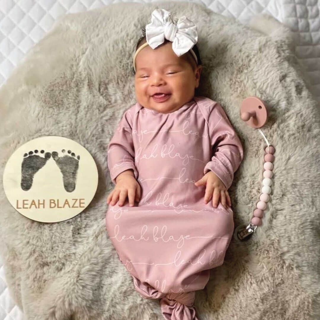 Solid Mauve Personalized Newborn Baby Knot Gown - Image 6