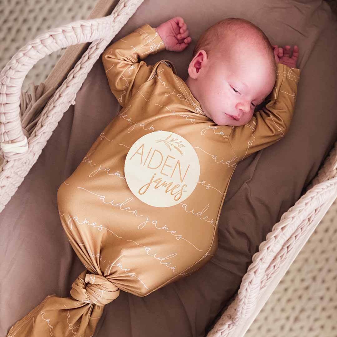 Solid Mustard Personalized Newborn Baby Knot Gown - Image 2