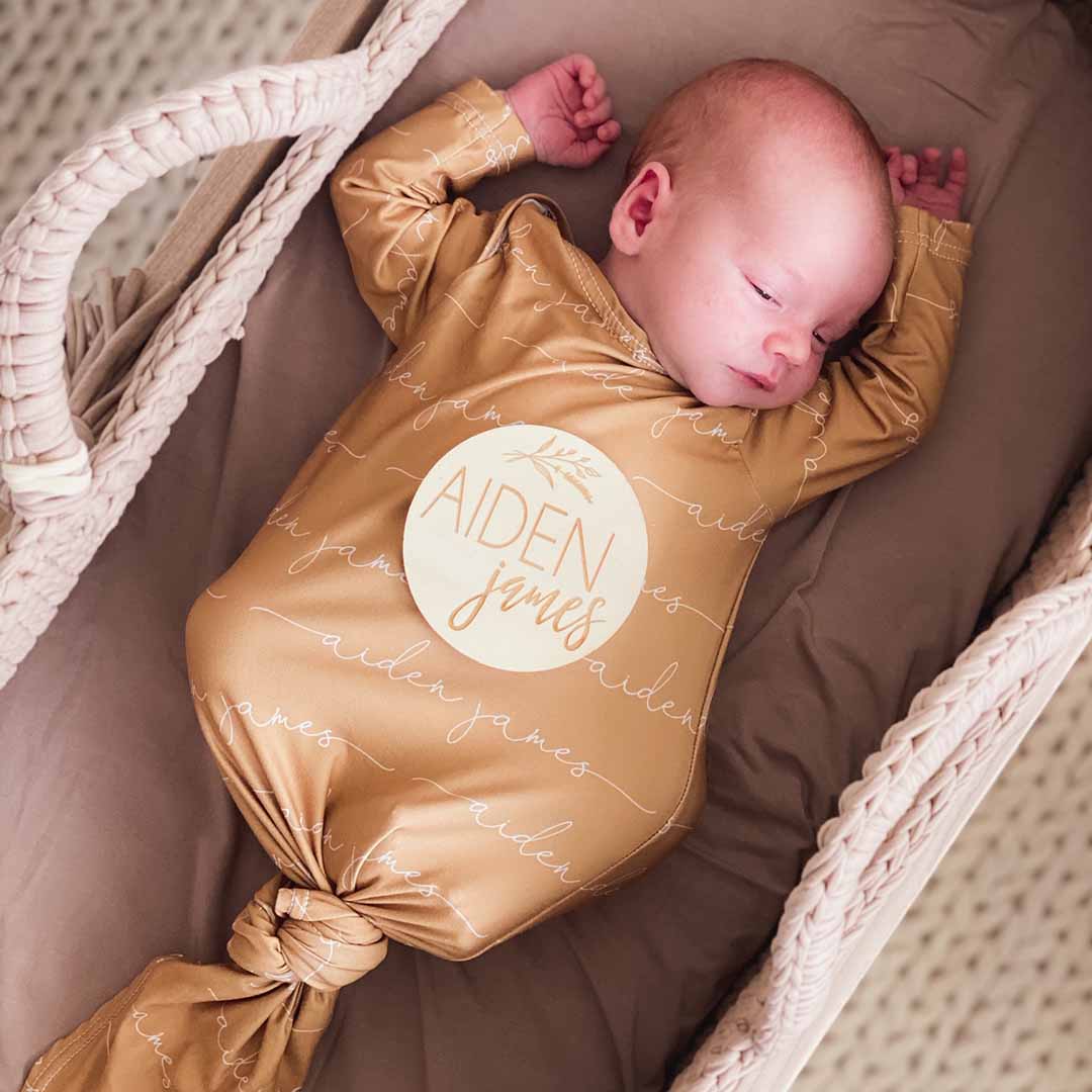 Solid Mustard Personalized Newborn Baby Knot Gown - Image 3