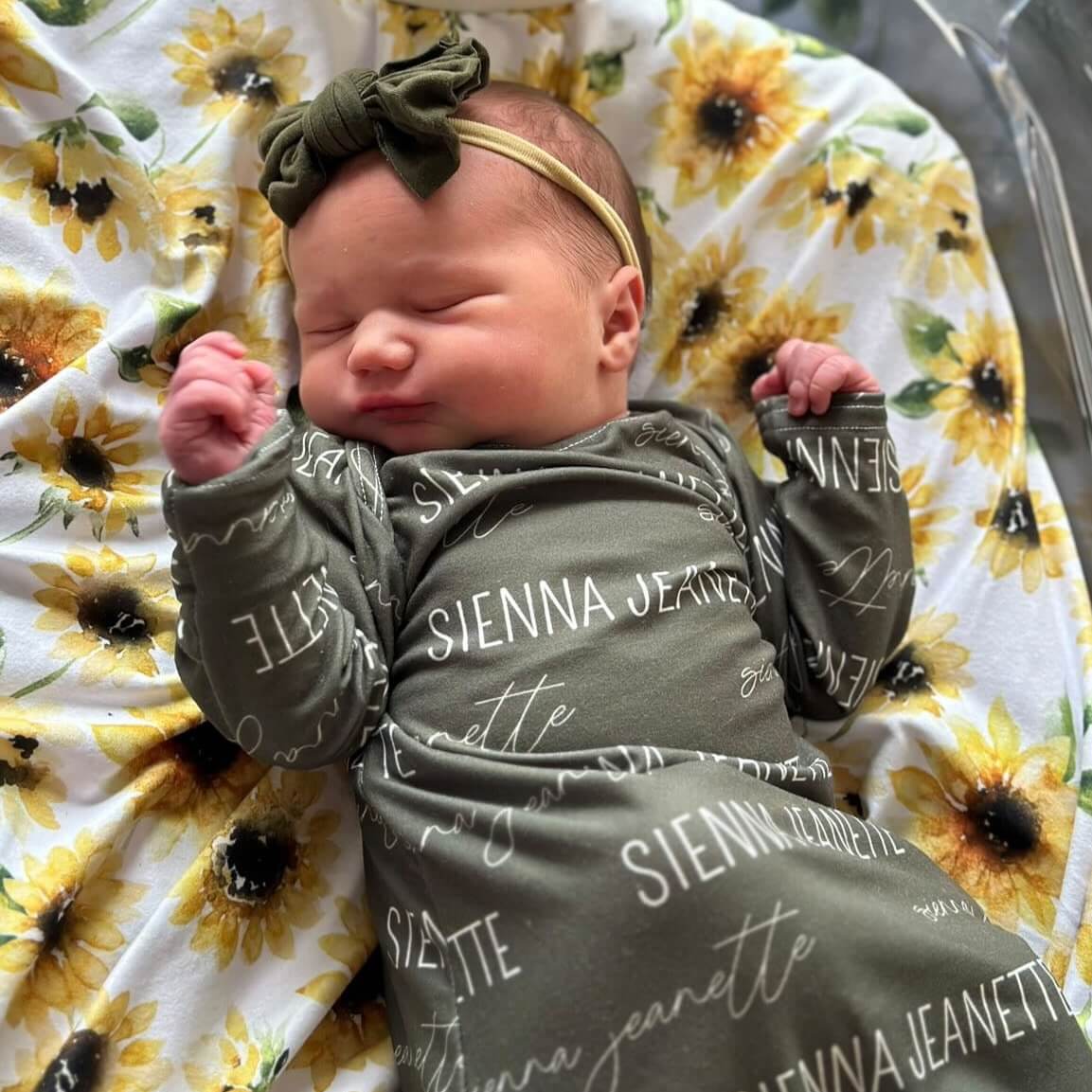 Solid Olive Personalized Newborn Baby Knot Gown - Image 2