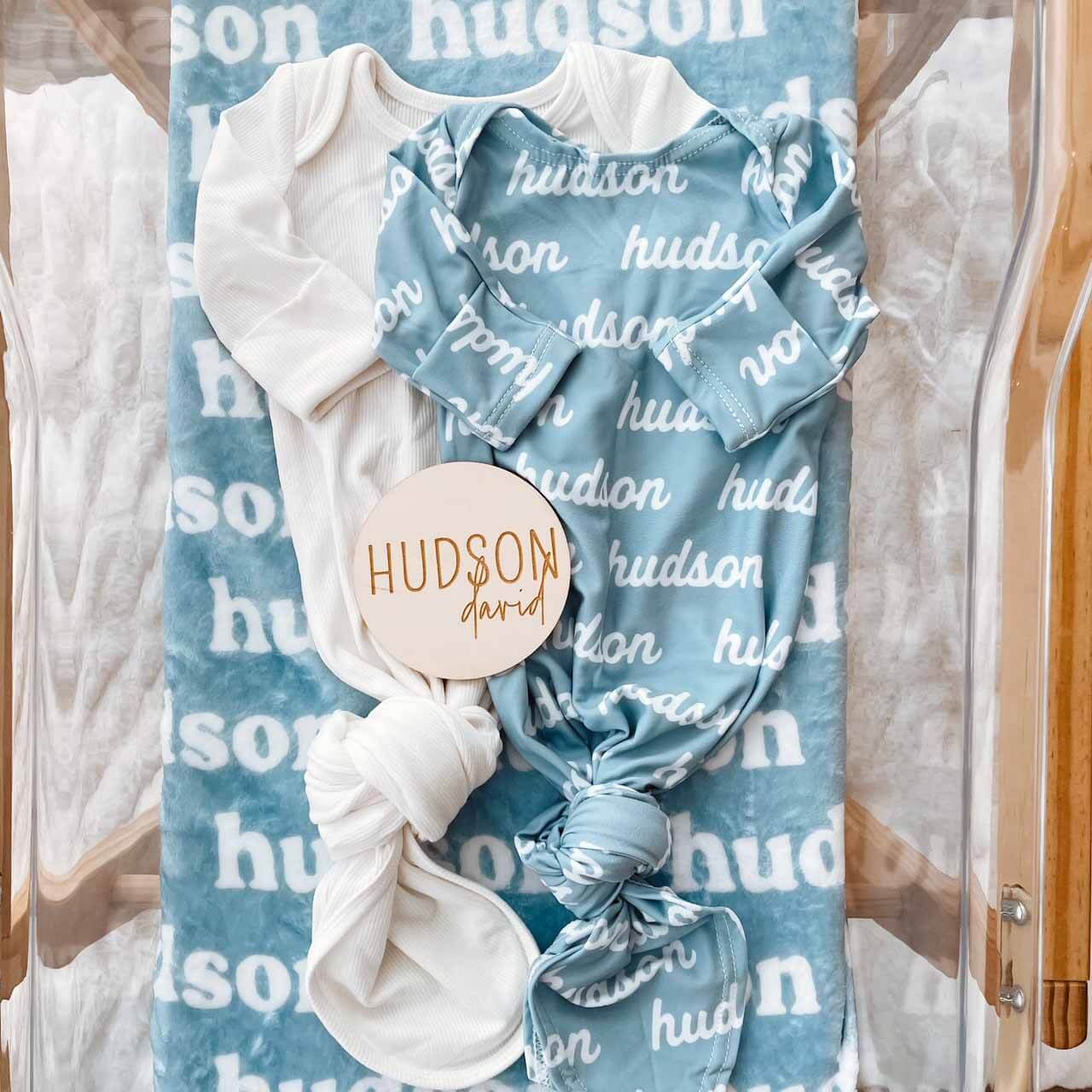Solid Sky Personalized Newborn Baby Knot Gown - Image 2