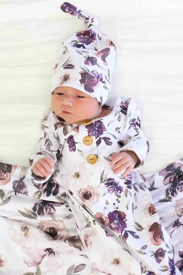 Demi's Dusty Purple Floral Newborn Baby Knot Gown & Hat Set - Image 4