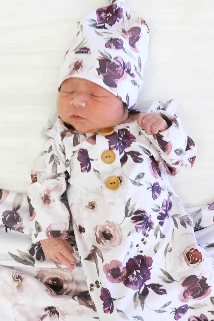 Demi's Dusty Purple Floral Newborn Baby Knot Gown & Hat Set - Image 5