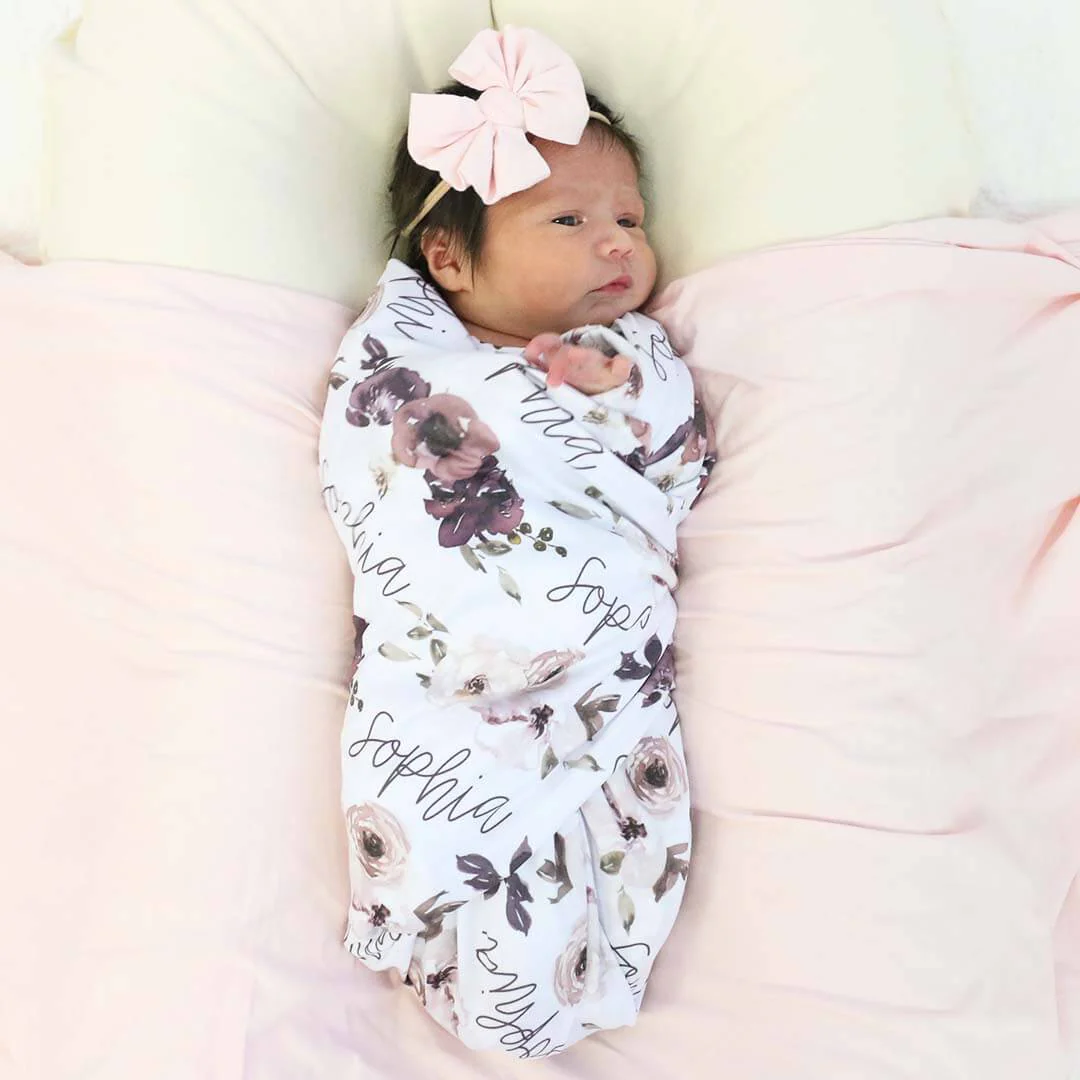 Demi's Dusty Purple Floral Personalized Baby Name Swaddle - Image 3
