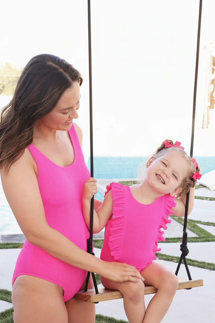 Double Ruffle Crinkle One-Piece | Neon Pink - Image 9