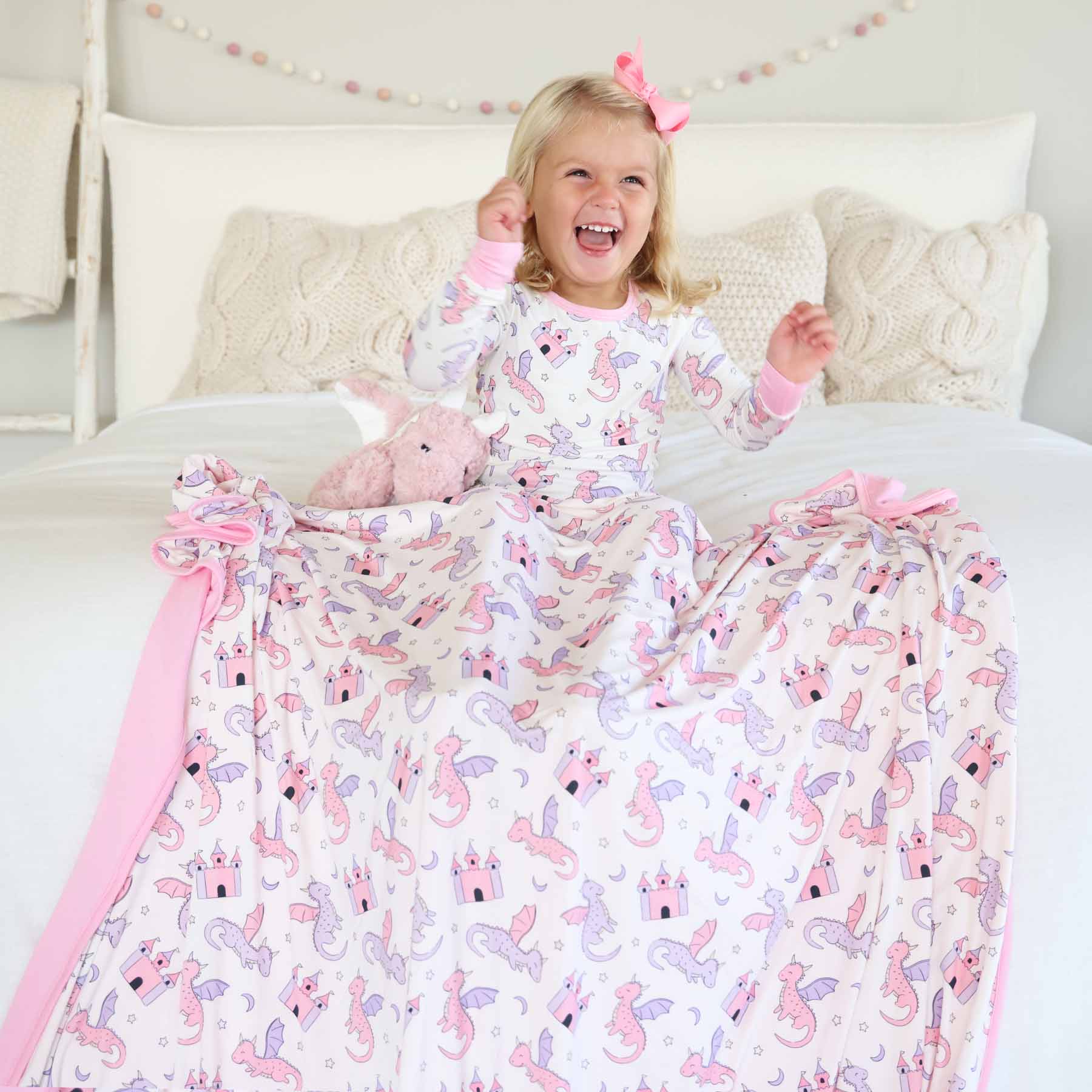 Dragon Adventure Double Sided Bamboo Blanket | Pink - Image 3