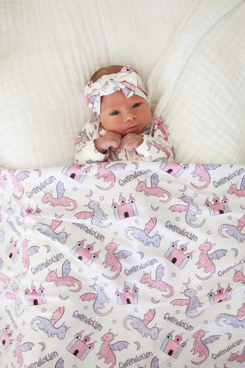 Dragon Adventure Personalized Swaddle Blanket | Pink