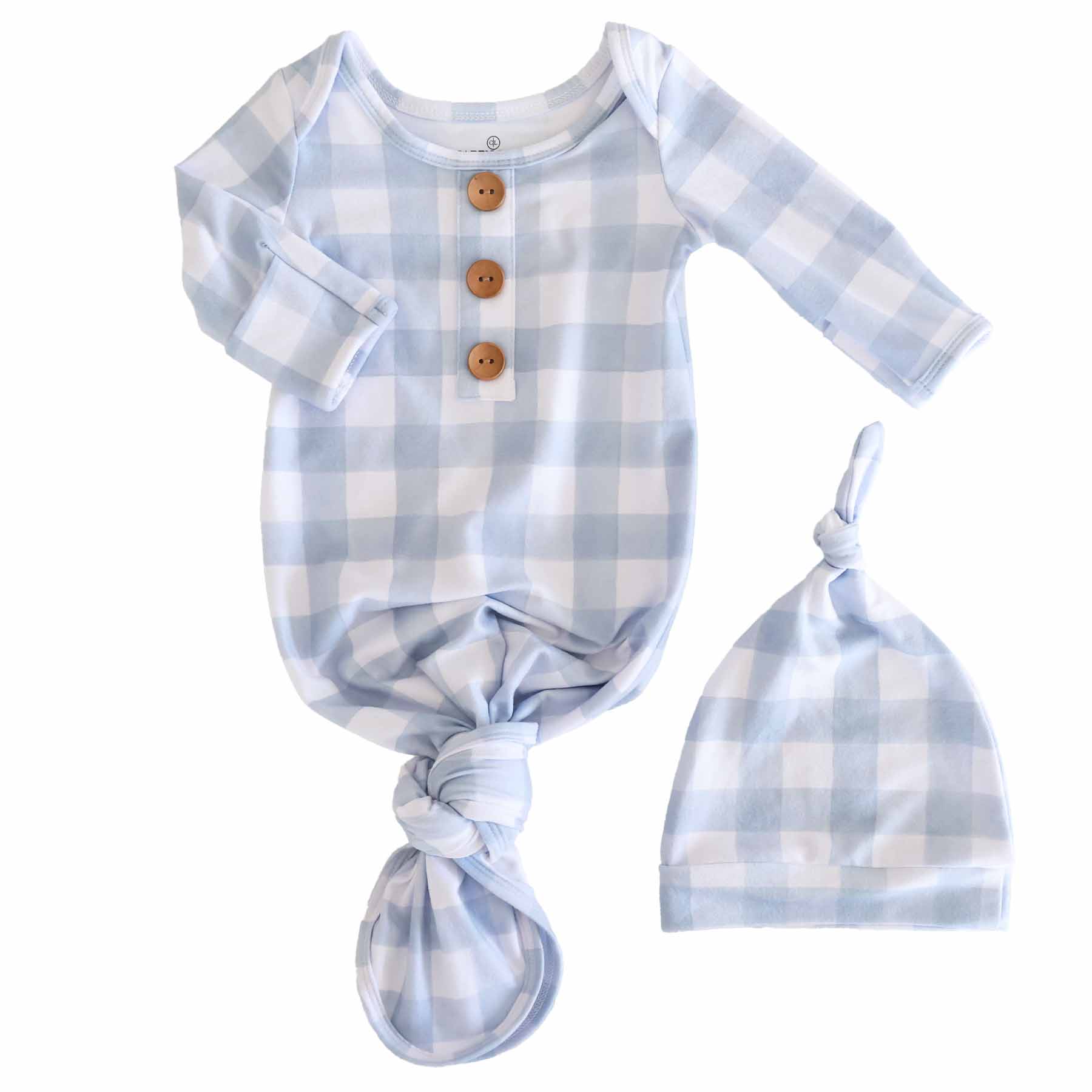 Dusty Blue Gingham Newborn Baby Knot Gown & Hat Set - Image 2
