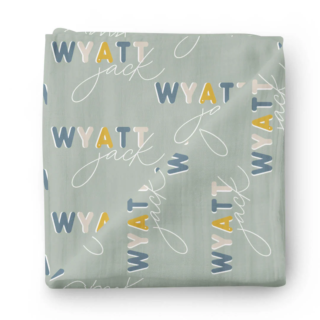 Dusty Moss Retro Personalized Baby Name Swaddle Blanket - Image 2