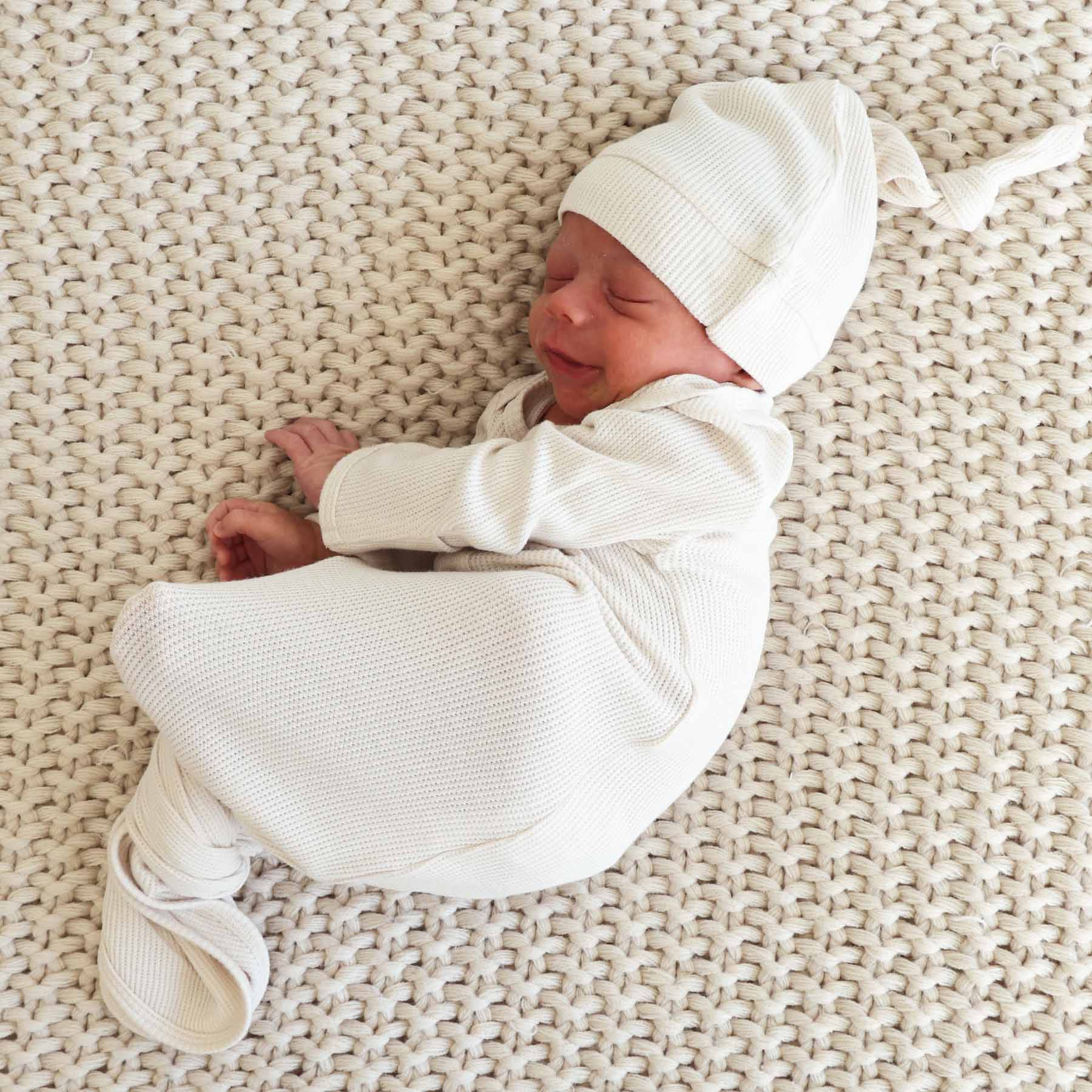 Eggshell Bamboo Waffle Newborn Baby Knot Gown & Hat Set - Image 3