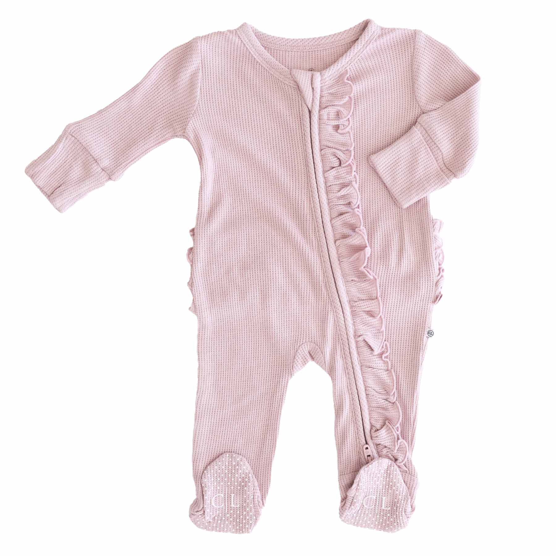 Embroidered Bamboo Waffle Zipper Ruffle Footie | Elderberry - Image 6