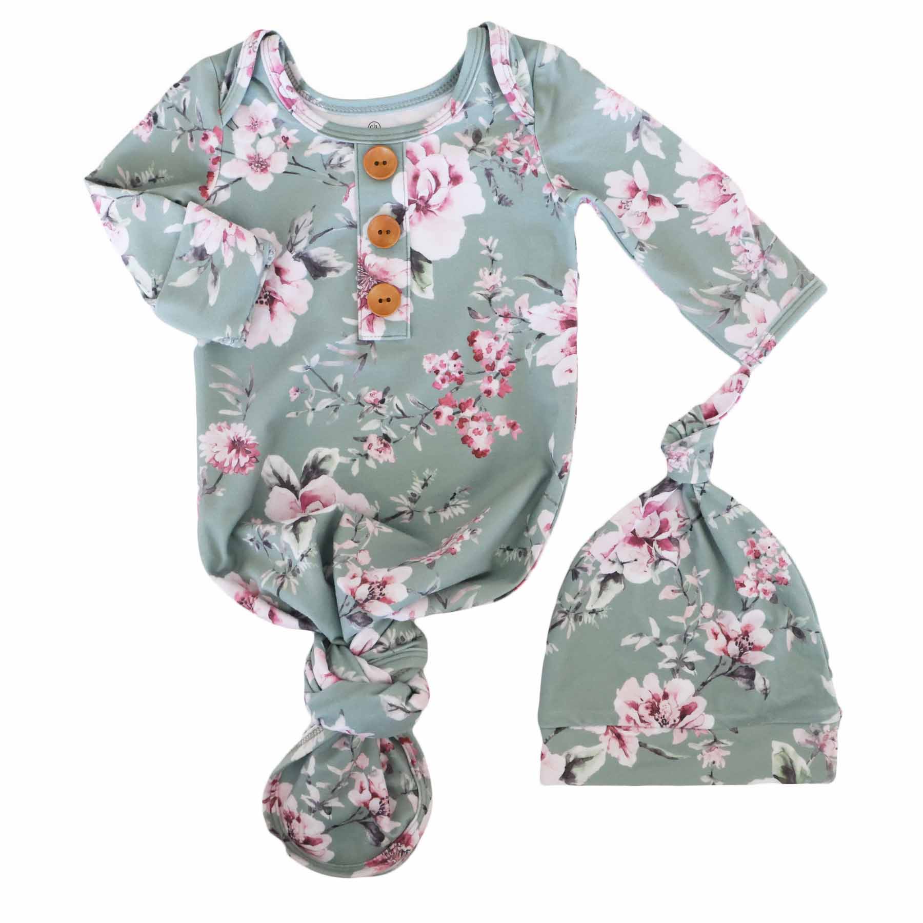 Saylor's Sage & Blush Floral Newborn Baby Knot Gown & Hat Set - Image 2