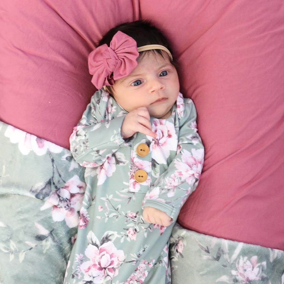Saylor's Sage & Blush Floral Newborn Baby Knot Gown & Hat Set - Image 3