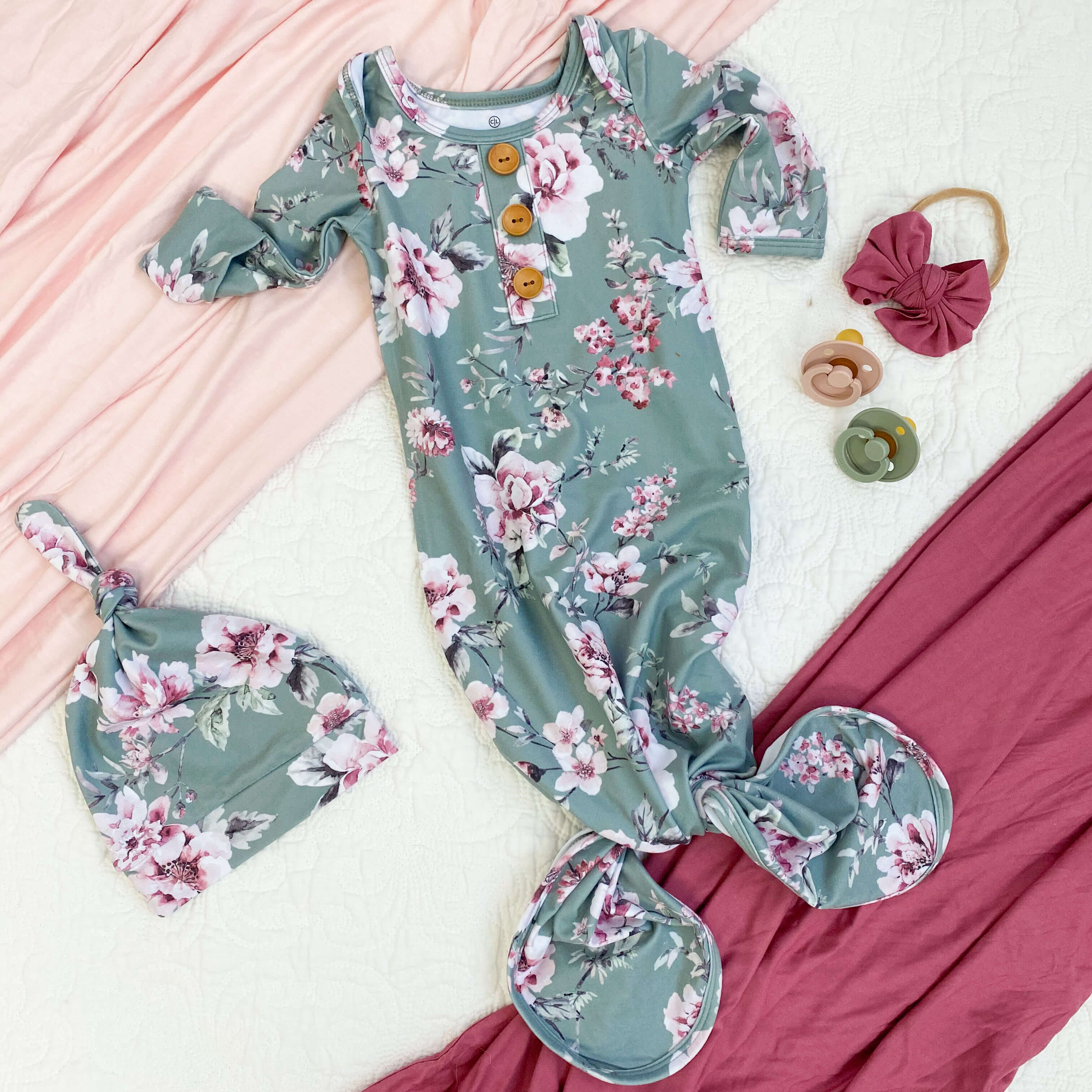 Saylor's Sage & Blush Floral Newborn Baby Knot Gown & Hat Set - Image 4