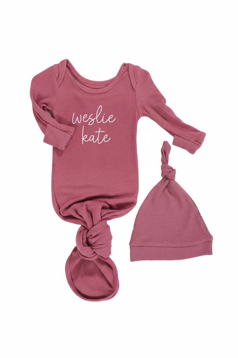 Girl Personalized Bamboo Newborn Baby Knot Gown & Hat - Image 12