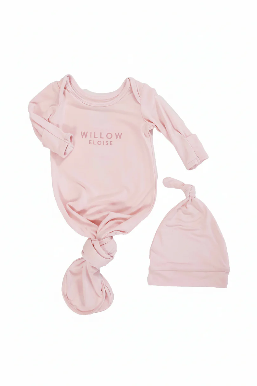 Girl Personalized Bamboo Newborn Baby Knot Gown & Hat - Image 15