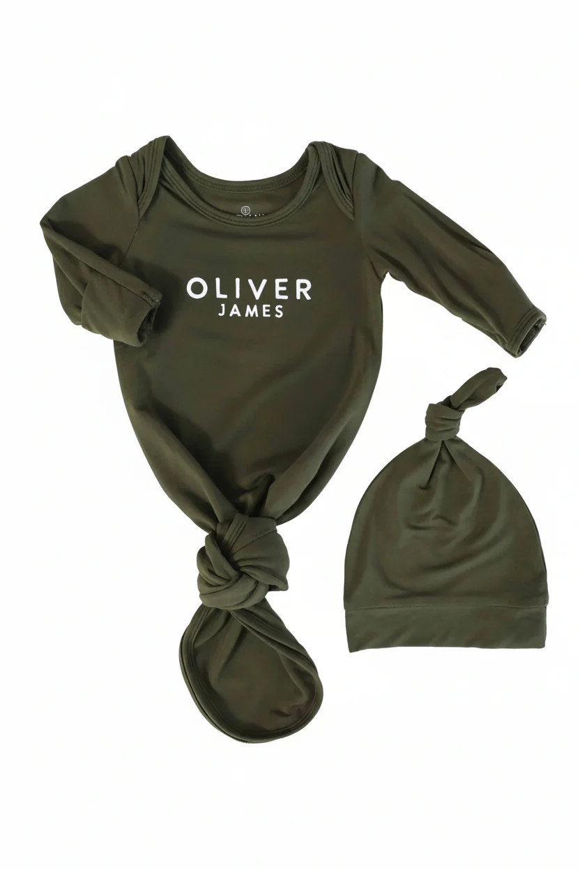 Boy Personalized Bamboo Newborn Baby Knot Gown & Hat - Image 23
