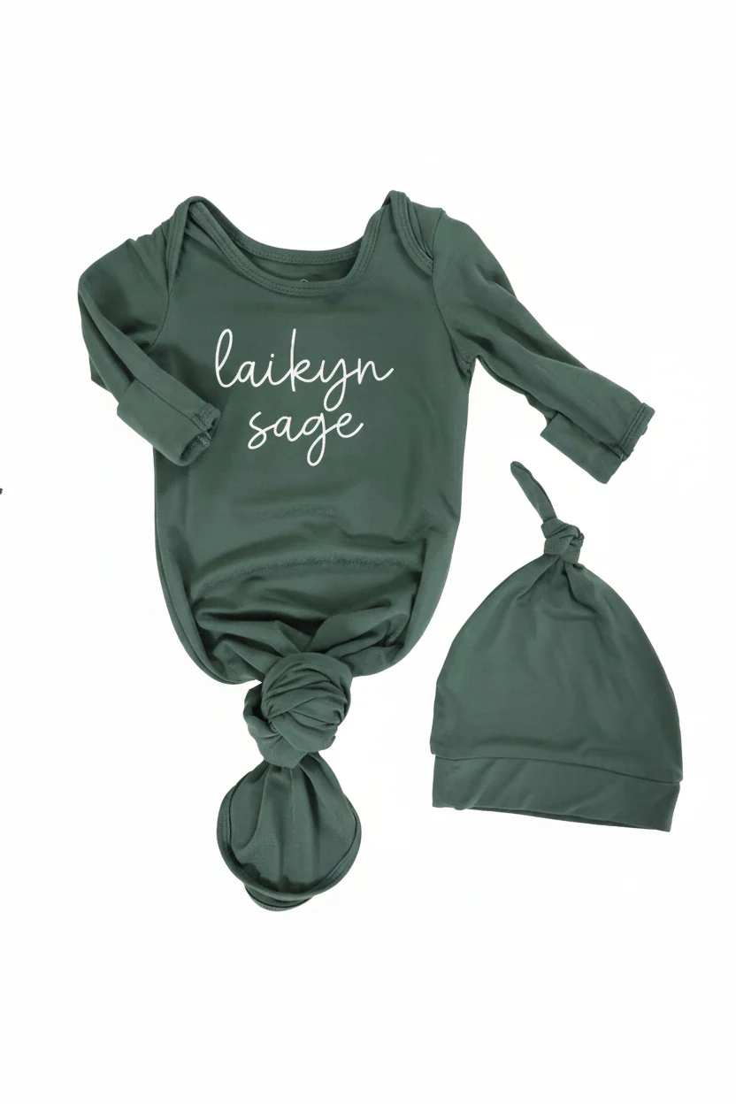 Boy Personalized Bamboo Newborn Baby Knot Gown & Hat - Image 14