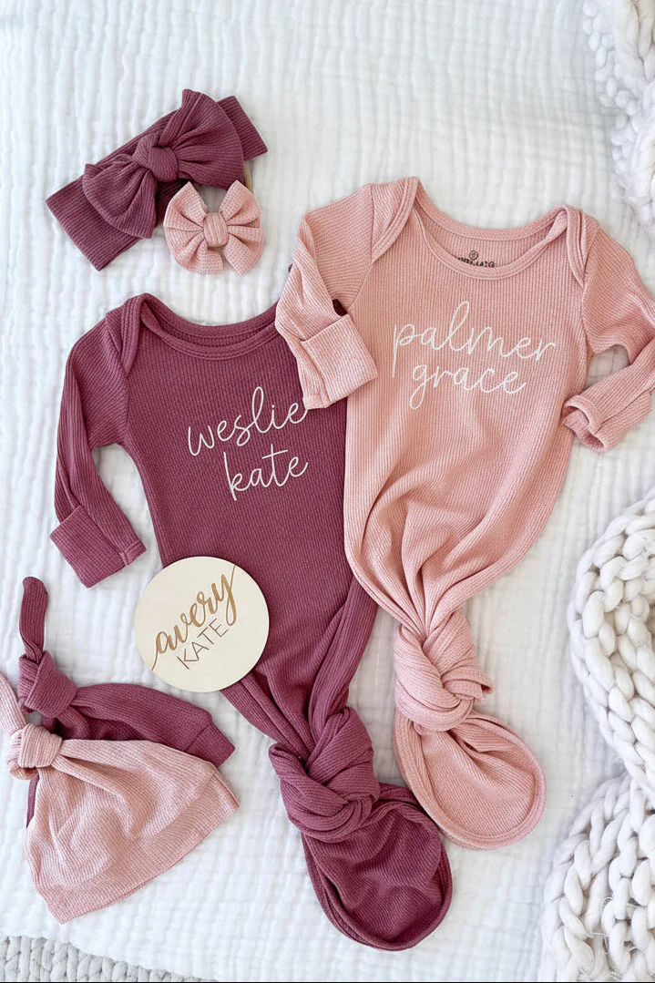 Girl Personalized Bamboo Newborn Baby Knot Gown & Hat - Image 5