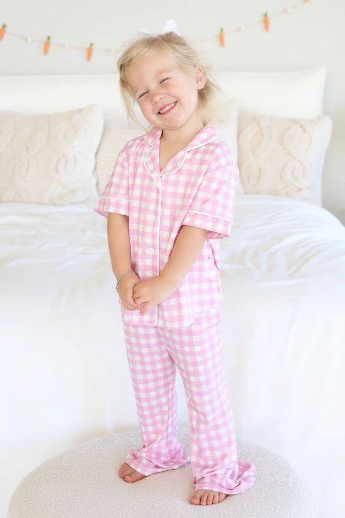 Girl's Two Piece Flare Lounge Set | Pink Gingham - Image 7
