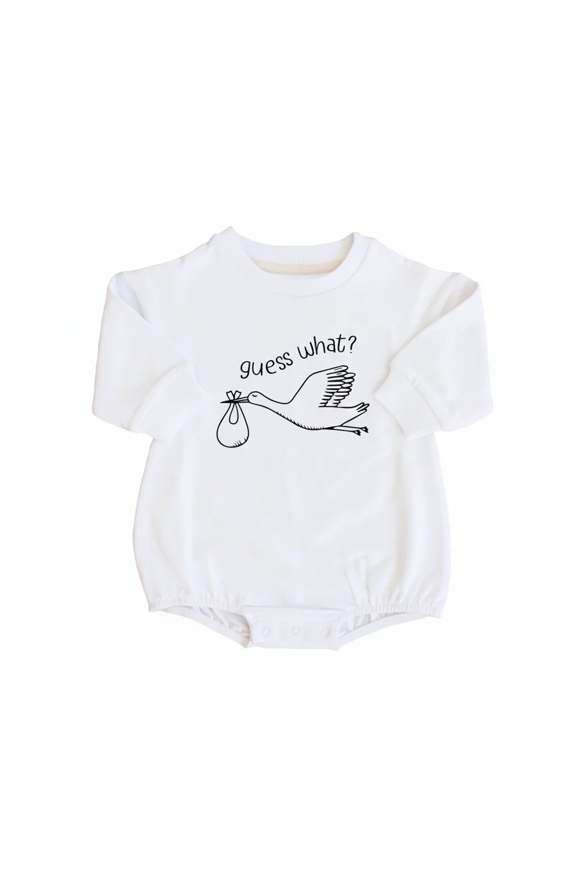 Guess What Graphic Sweatshirt Bubble Romper | White