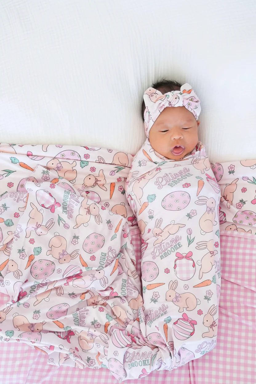 Hoppy Spring Personalized Swaddle Blanket | Pink - Image 3