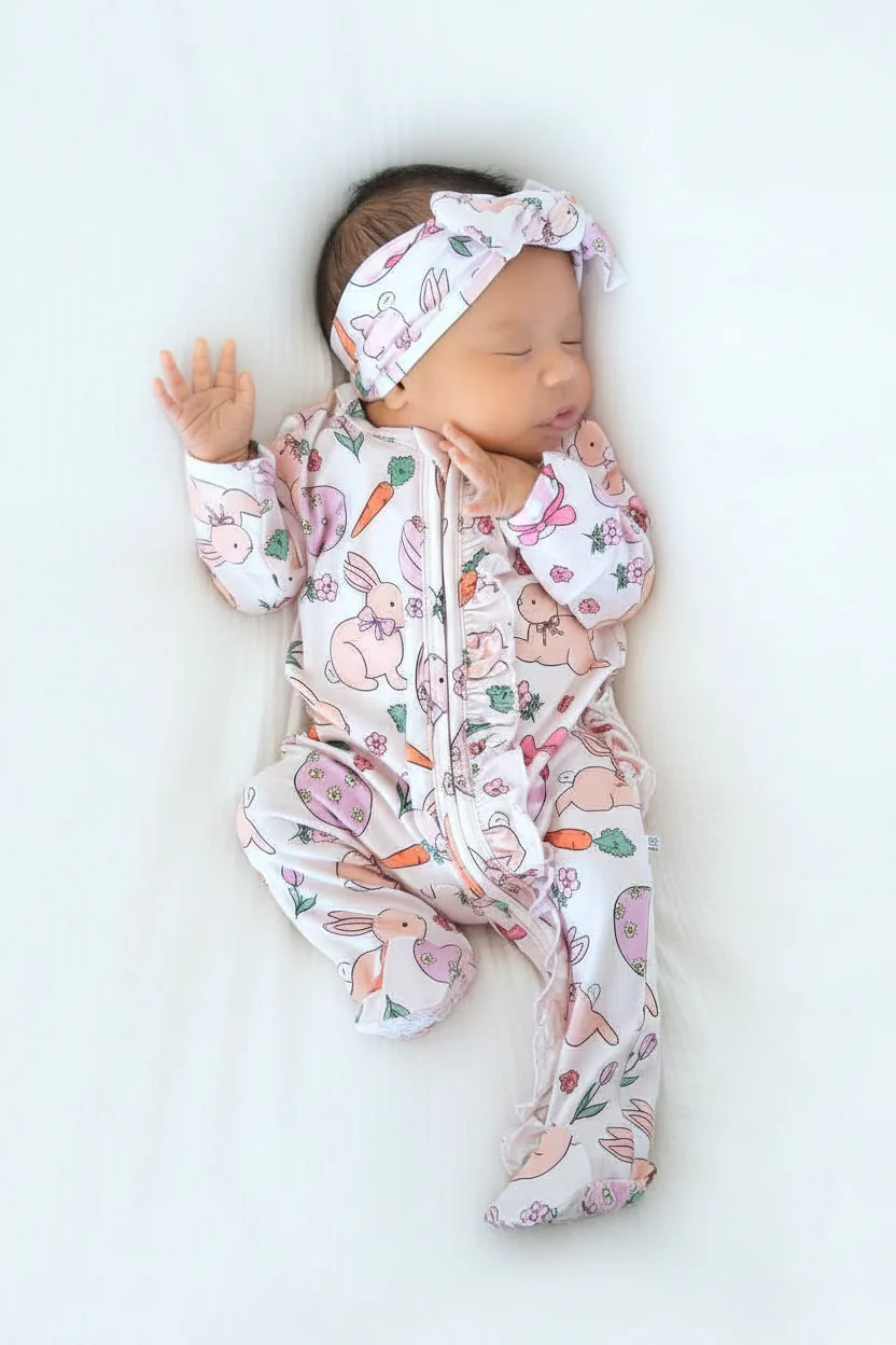 Hoppy Spring Ruffle Zipper Footie | Pink