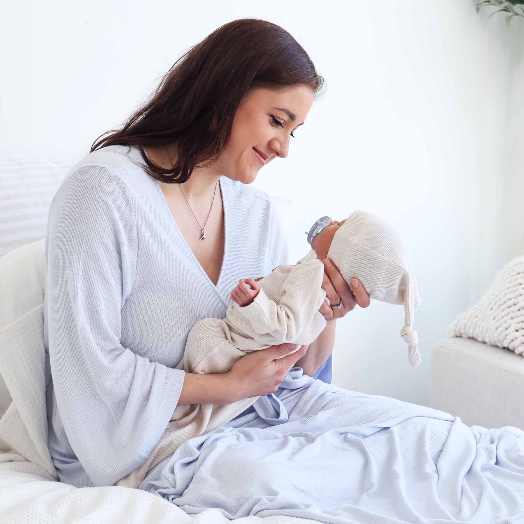 Ice Blue Bamboo Waffle Knit Maternity Robe - Image 4