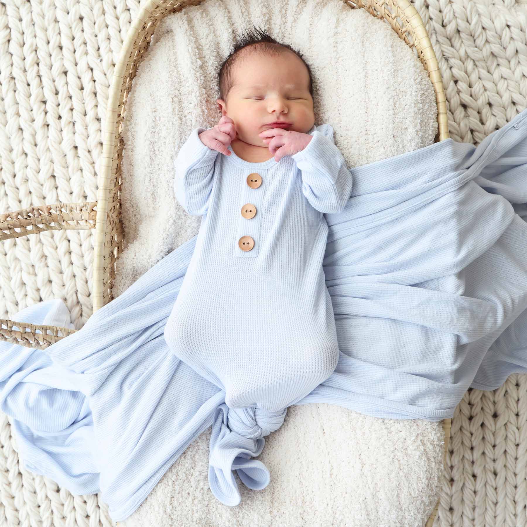 Ice Blue Bamboo Waffle Newborn Baby Knot Gown & Hat Set - Image 3