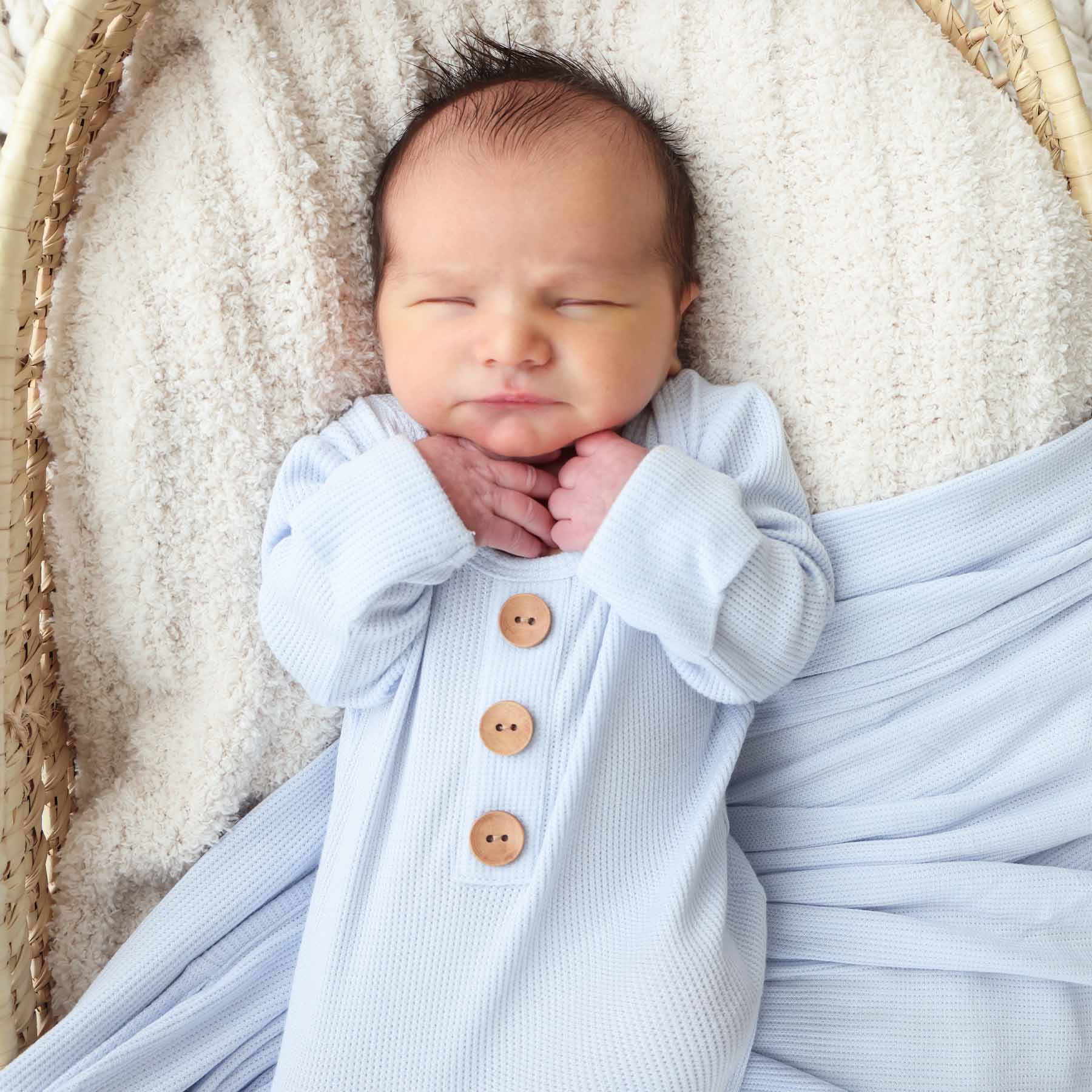 Ice Blue Bamboo Waffle Newborn Baby Knot Gown & Hat Set - Image 4