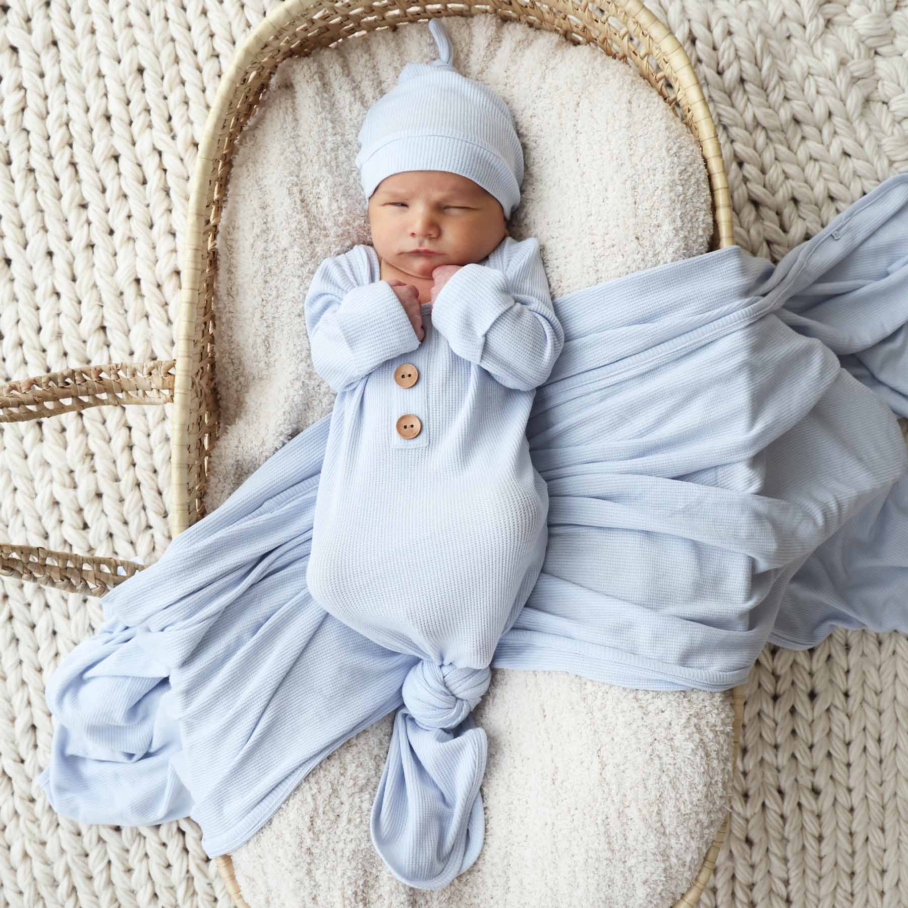 Ice Blue Bamboo Waffle Newborn Baby Knot Gown & Hat Set - Image 5